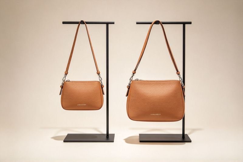 Two unbranded leather bags on identical display stands comparing short and long adjustable strap drops