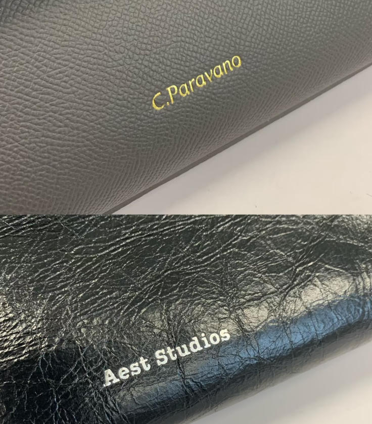 Gold and silver foil stamped logos tested on different leather surfaces