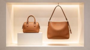 Lancaster Toro Ivy size strategy represented by two original unbranded leather volumes in a retail light installation