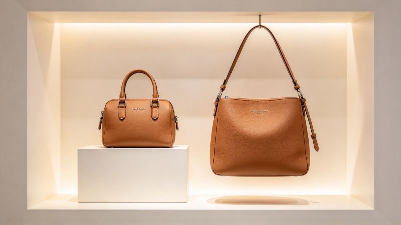 Lancaster Toro Ivy size strategy represented by two original unbranded leather volumes in a retail light installation
