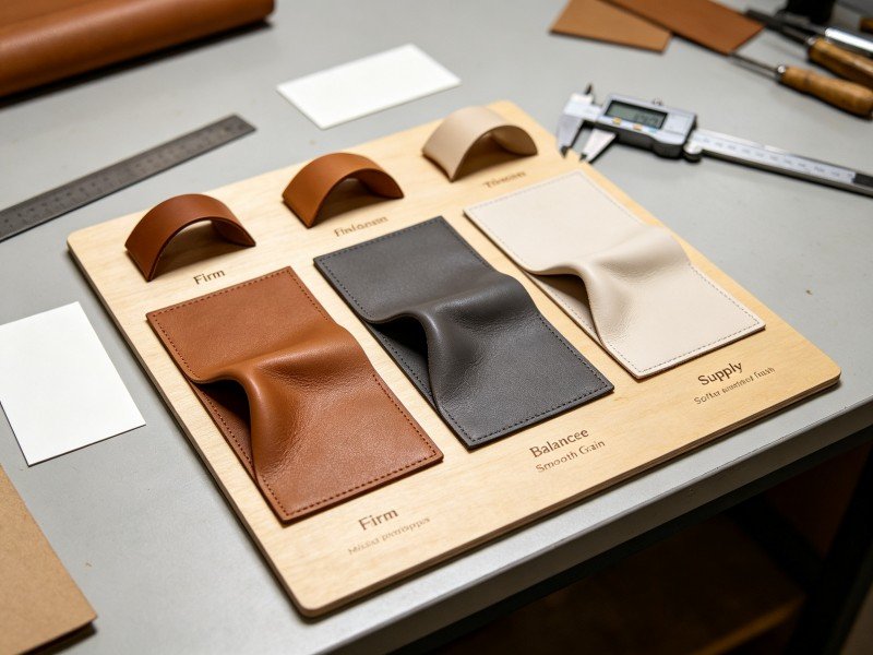 Original leather temper board comparing firm balanced and supple handbag panels