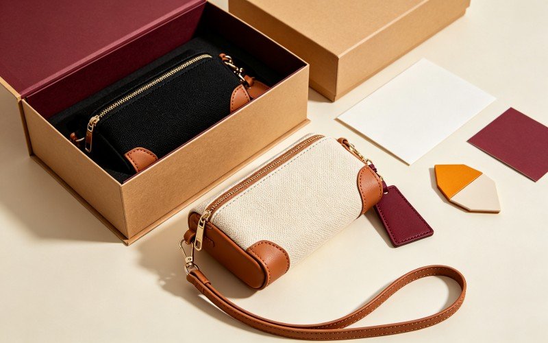 Original vegan leather and recycled textile handbag gift set with material and presentation packaging