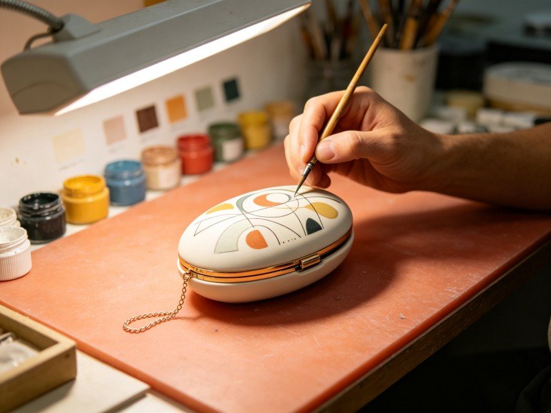 Single original sculptural minaudière receiving hand-painted abstract botanical marks at a controlled workstation