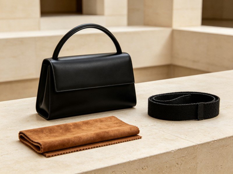 Original minimalist handbag combining polished leather with controlled rough textile contrast