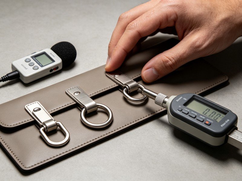 Original handbag hardware tested for touch sound and closure alignment