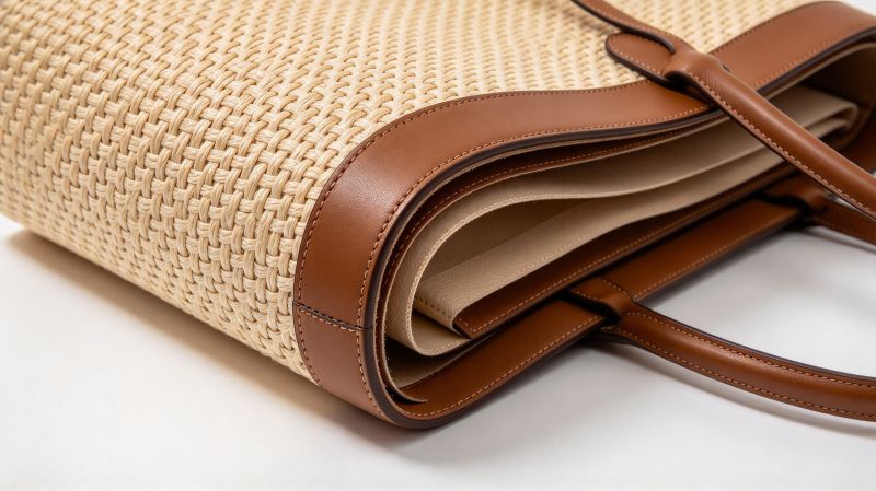 Original raffia and leather handbag interface shown through layered reinforcement and seam testing