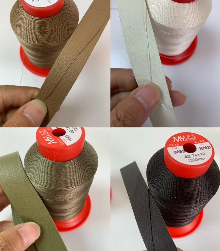 Serafil sewing thread being compared with leather colors for a custom bag project