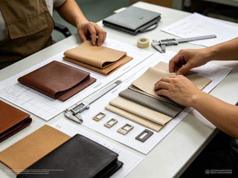 Handbag development team comparing original tactile material samples and test notes