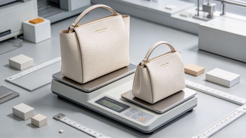 Original abstract leather volumes balanced against dimension and weight markers for a two-size handbag study