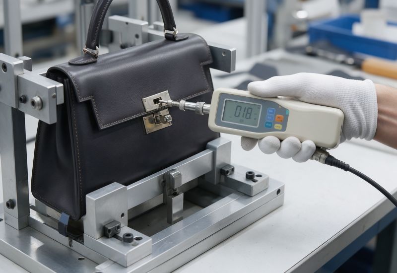 Hermès bag closures,Hermès handbag hardware,Charnière To Go closure,Hermès Geta slim clasp,luxury bag zipper design Factory test bench measuring opening force and cycle behavior on an original handbag closure