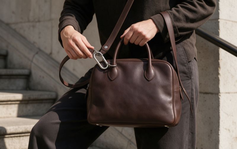 Hermès bag closures,Hermès handbag hardware,Charnière To Go closure,Hermès Geta slim clasp,luxury bag zipper design Original handbag changing from short to long carry through an independent snap-hook system