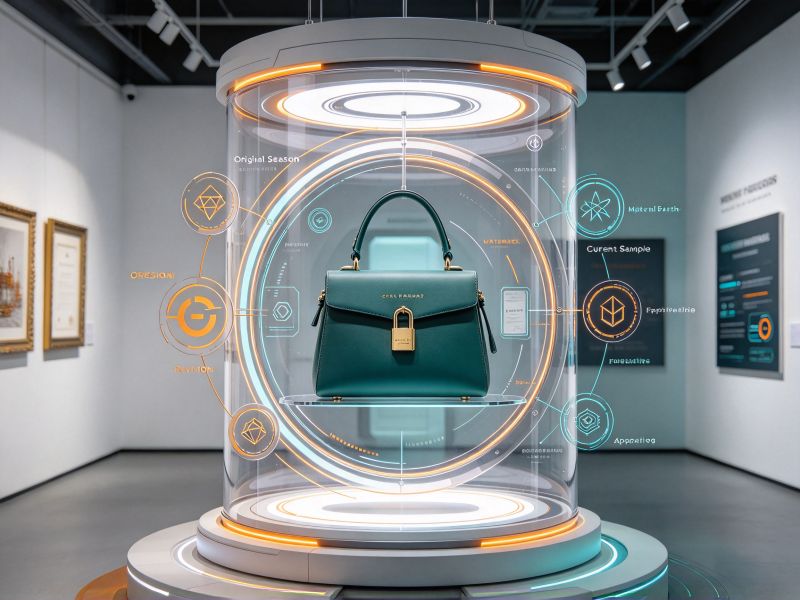 Original handbag preserved with a visual provenance record inside a transparent time capsule