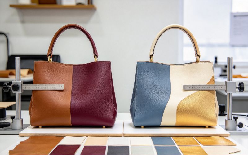 Tension-wave test comparing original hammered leather and nubuck handbag panels