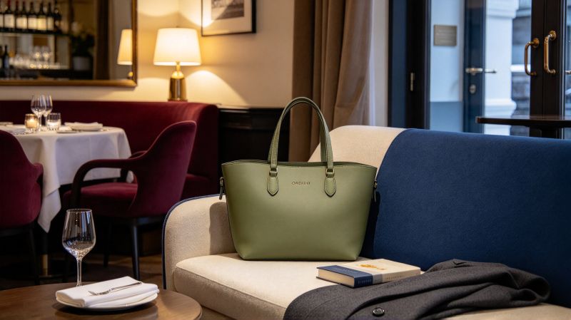 Original soft handbag resting naturally in a lived-in lounge after dinner