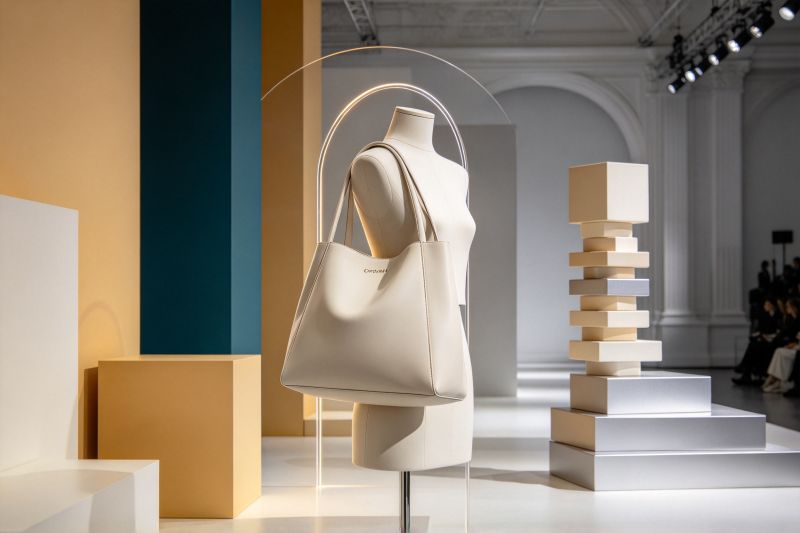 Original soft shopping bag suspended within a shoulder-clearance and vertical-volume arc