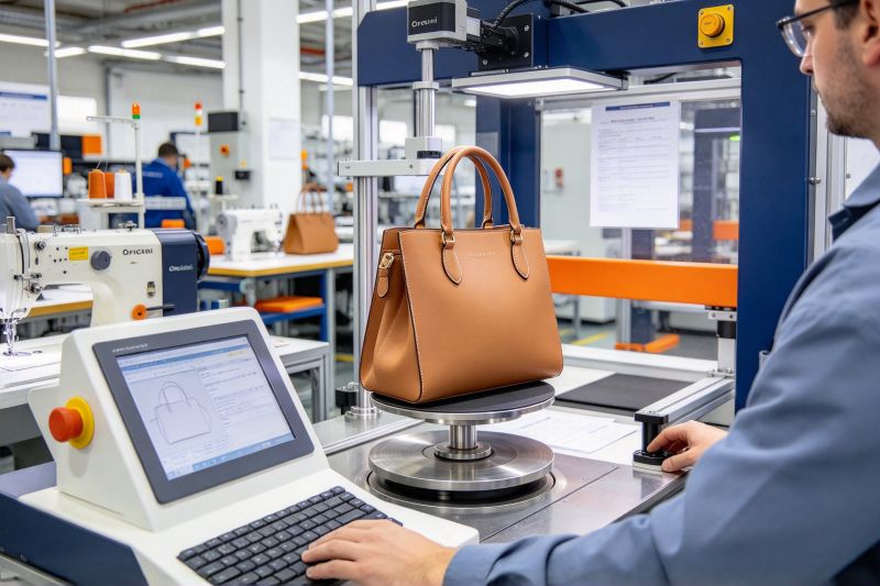 Factory recovery rig measuring an original soft handbag after loaded rotation