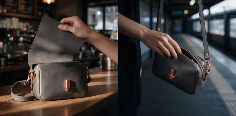 Hermès bag closures,Hermès handbag hardware,Charnière To Go closure,Hermès Geta slim clasp,luxury bag zipper design Original handbag access timeline comparing a leather tab gesture with a zipper path