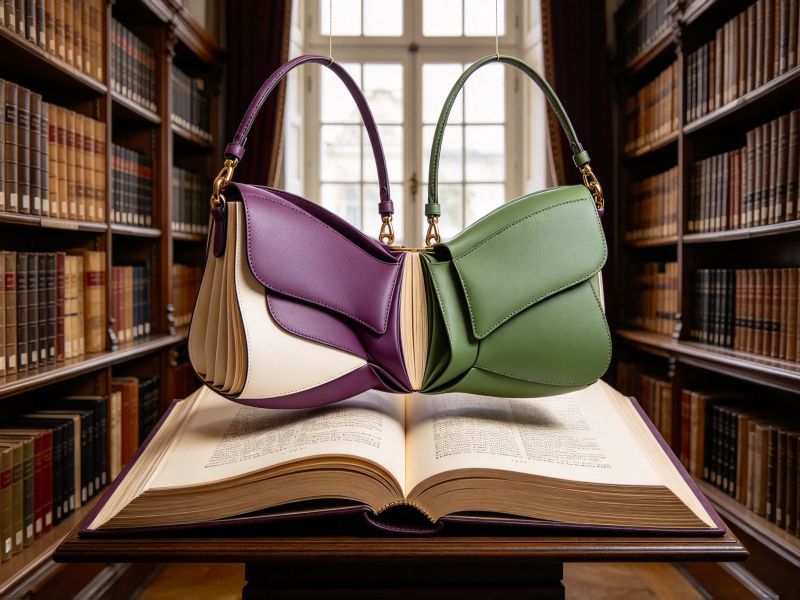 Original transformable handbag opened like a book in an archive reading room